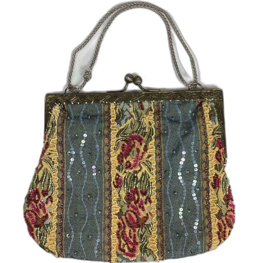 Christiana Vintage Beaded Bag Tapestry Purse Floral Victorian